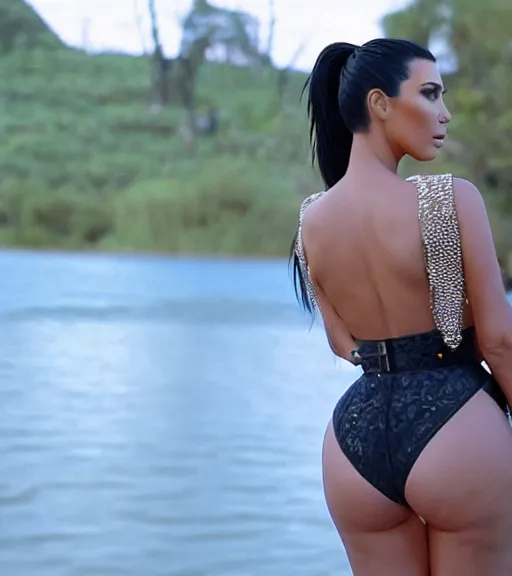 Image similar to rear waist shot film still of kim kardashian wearing high waist jeans, standing by a lake, intricate, elegant, highly detailed, smooth, sharp focus.