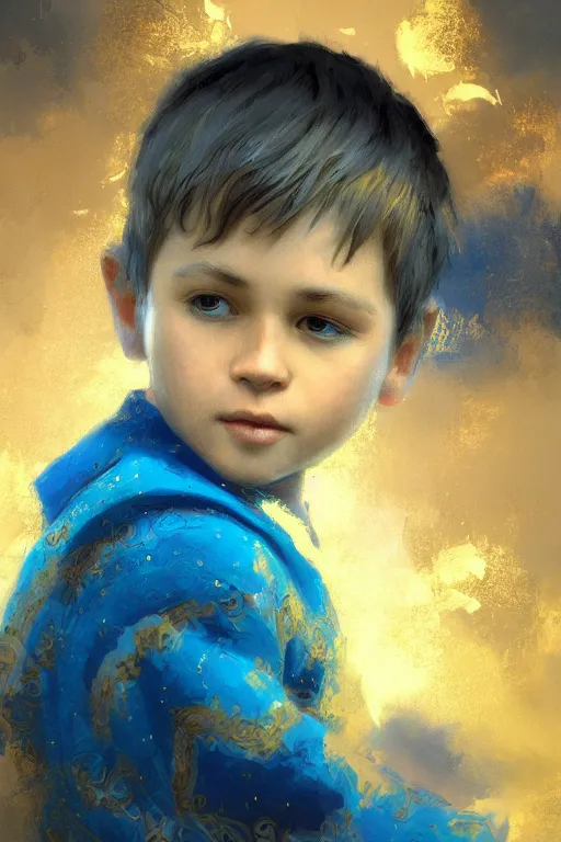 Image similar to little boy, close - up portrait, the portrait is decorated with blue and gold art deco patterns, powerfull, intricate, elegant, volumetric lighting, scenery, digital painting, highly detailed, artstation, sharp focus, illustration, concept art, ruan jia, steve mccurry