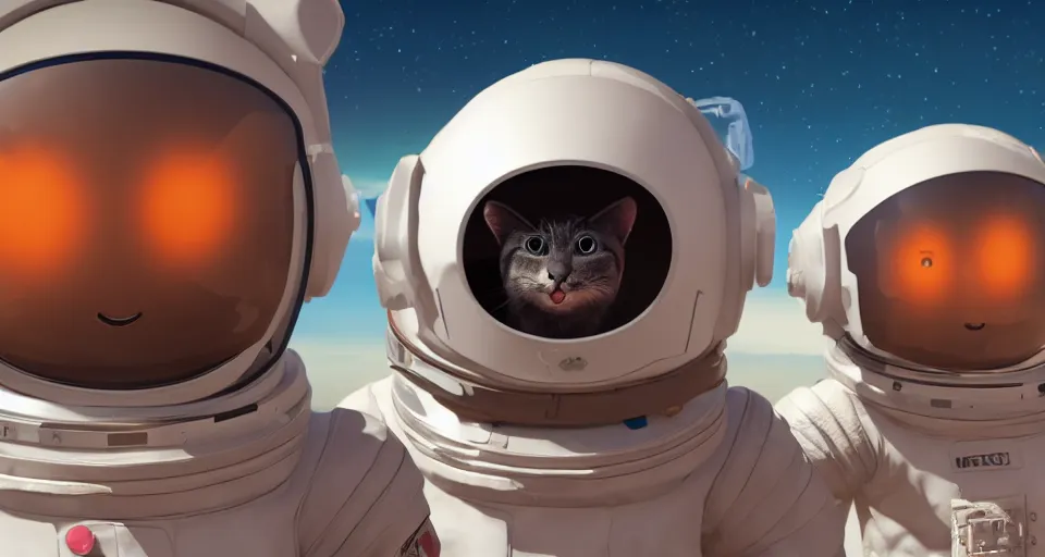 Prompt: cute anthropomorphic astronaut cat wearing a space suit in front of a spaceship on mars, helmet with cat ears, pixar, 8 k, 3 d render