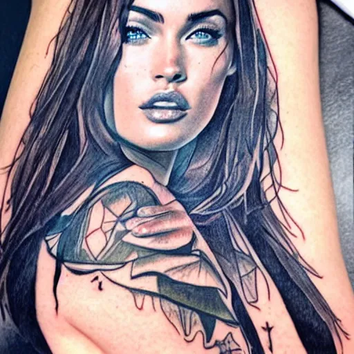 Prompt: realism tattoo sketch of double exposure megan fox, on beautiful mountain scenery, in the style of andrey lukovnikov