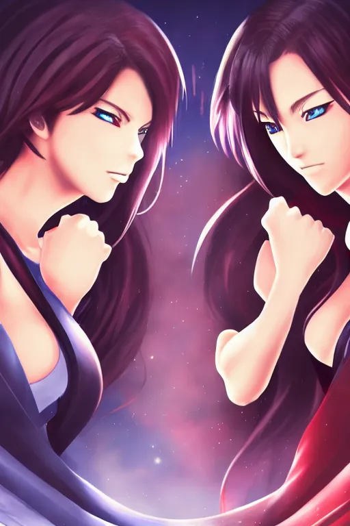 Image similar to two beautiful identical female fighters facing each, dim lighting, gorgeous features, high resolution, detailed digital anime art