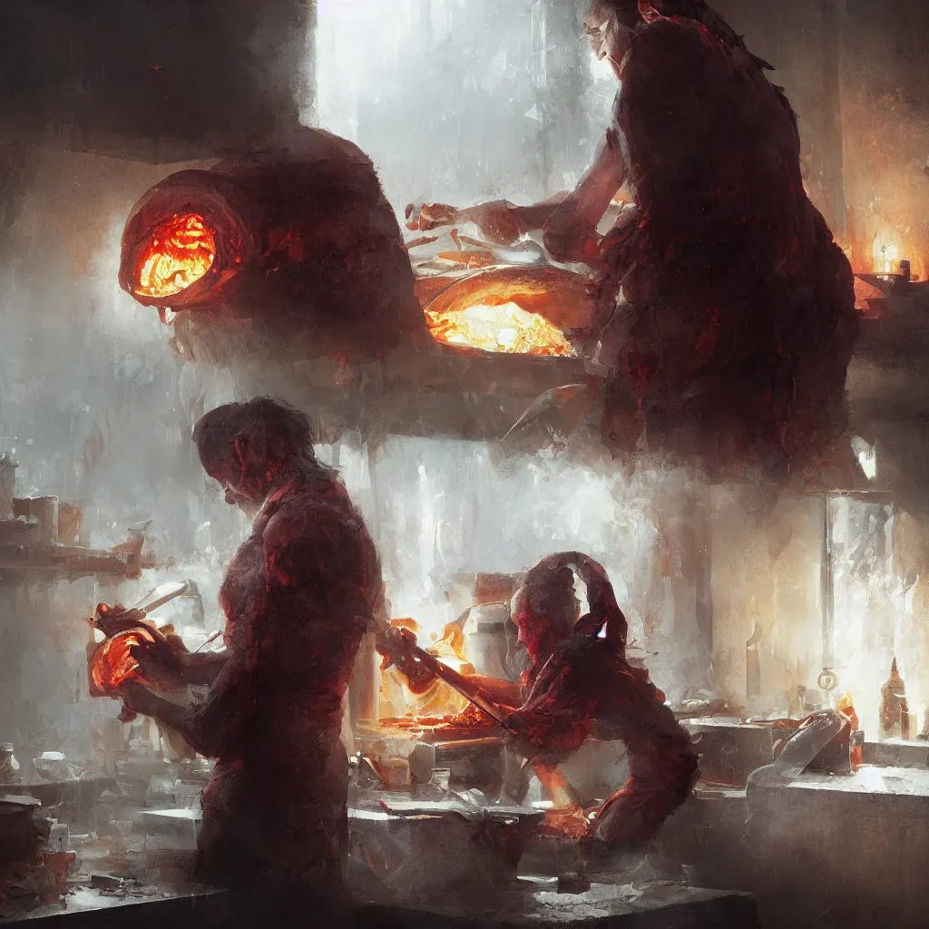 Prompt: a portrait of nick cave baking pizza, eerie colors, dramatic light, gorgeous view, depth, high detail, digital art, painted by greg rutkowski and seb mckinnon, trending on artstation