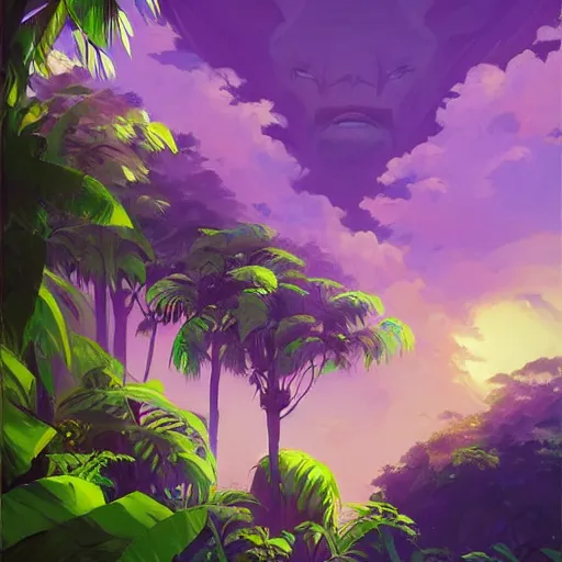 Image similar to tropical jungle, 2 moons in the sky above, purple tinged sky, behance hd artstation by jesper ejsing by rhads, makoto shinkai and lois van baarle, ilya kuvshinov, ossdraws