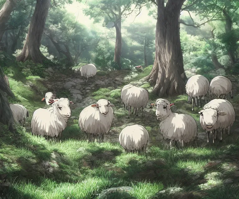 Image similar to sheep in a forest, anime fantasy illustration by tomoyuki yamasaki, kyoto studio, madhouse, ufotable, comixwave films, trending on artstation