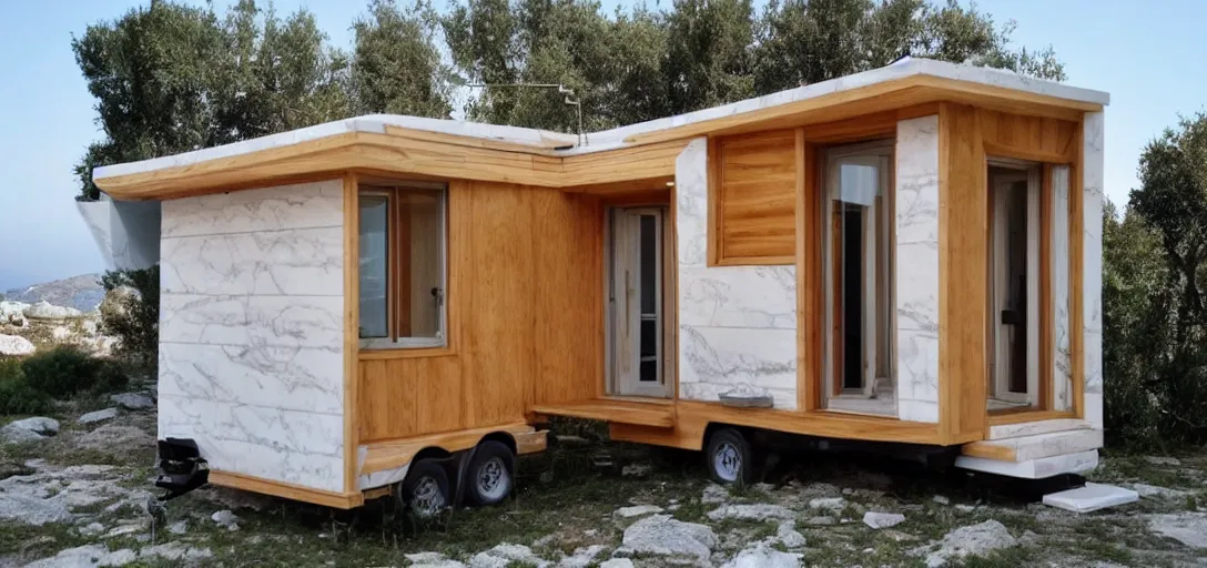 Image similar to greek tiny house on trailer made of marble designed by iktinos and callicrates.