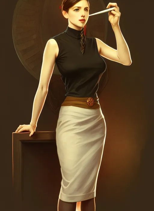 Image similar to portrait of a full body of beautiful young female secretary, d & d, sleeveless turtleneck, pencil skirt, fantasy, flat lighting, intricate, highly detailed, digital painting, artstation, concept art, smooth, sharp focus, illustration, art by simon bisley and greg rutkowski and alphonse mucha, natural tpose