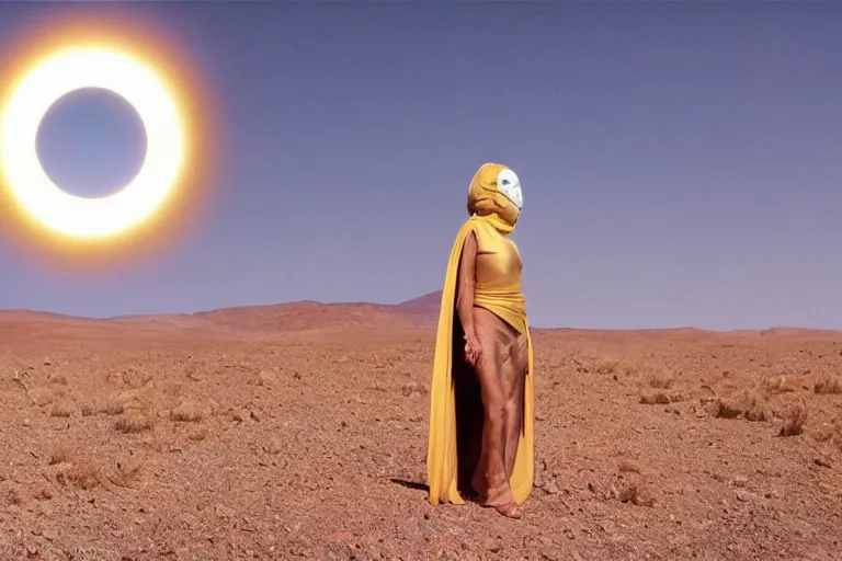 Prompt: levitating bene gesserit glowing woman with full - face golden mask in a dry rocky desert landscape, visible sky and sunny atmosphere, fata morgana giant mirrors, black star in the sky by alejandro jodorowsky and christopher doyle, anamorphic lens flares, kodakchrome, cinematic composition, practical effects, 8 k,