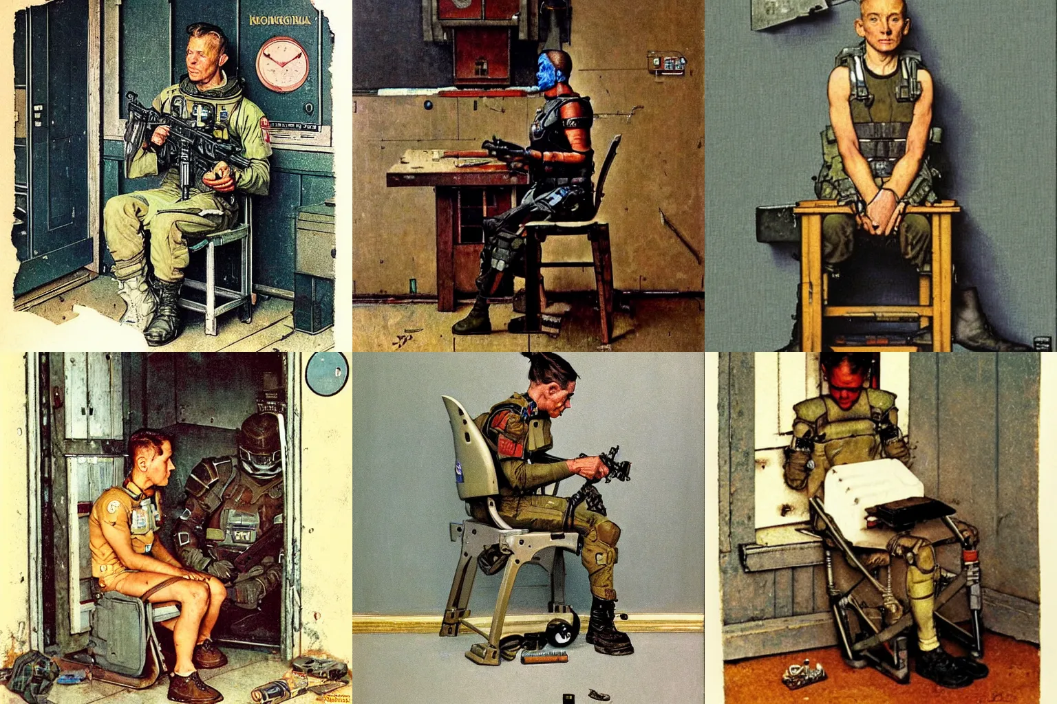 Prompt: A sci-fi soldier sitting on a tiny chair in a poor house. A Norman Rockwell painting.