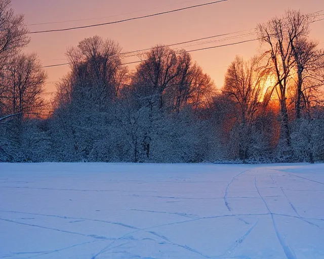 Image similar to a field covered in snow with power lines above it, a photo by kazys varnelis, featured on flickr, ecological art, photo taken with provia, matte photo, photo, at dawn