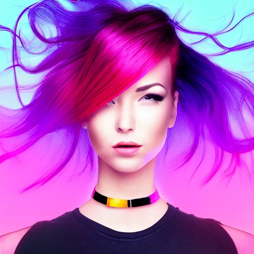 Image similar to a award winning action upper body portrait of a beautiful woman with a ombre purple pink hairstyle with head in motion and hair flying, choker, outrun, vaporware, vivid colors, highly detailed, fine detail, intricate