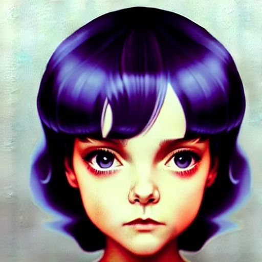 Prompt: a beautiful youth teen christina ricci as she was ramona flowers with head tilted curiously, focus close on mischievous eyes, soft skin, eighties holographic art by ilya kuvshinov monet range murata artgerm katsuhiro otomo norman rockwell, highly detailed intricately sharp focus, bedroom eyes trending on pinterest vogue italia unreal engine