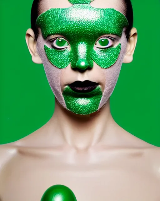 Image similar to symmetrical close - up portrait of a woman wearing a emerald green silicone beauty mask and hair buns, wearing a black bodysuit by alexander mcqueen, cream white background, soft light, biotechnology, humanoide robot, bjork aesthetic, translucent, by rineke dijkstra, masterpiece,