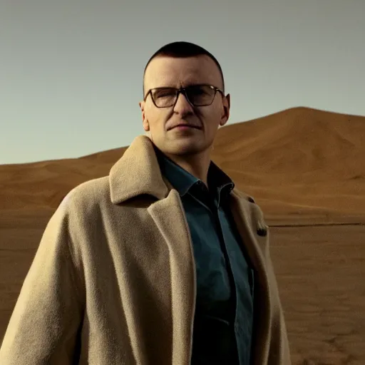 Image similar to clean shaven mateusz morawiecki in a still from the show breaking bad, 4 k, high quality, very mateusz morawiecki, desert, slight yellow hue