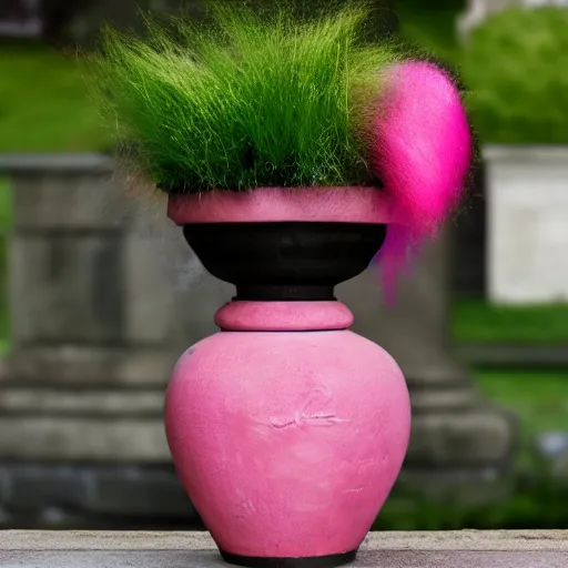Image similar to photo of an urn with a pink punk hairdo