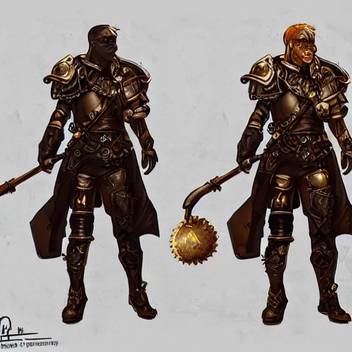 Prompt: character art, concept art, armor, paladin. Holding a hammer. Steampunk. High detail.