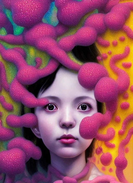 Image similar to hyper detailed 3d render like a Oil painting - kawaii portrait Aurora (black haired Singer woman) seen Eating of the Strangling network of yellowcake aerochrome and milky Fruit and Her delicate Hands hold of gossamer polyp blossoms bring iridescent fungal flowers whose spores black the foolish stars by Jacek Yerka, Mariusz Lewandowski, Houdini algorithmic generative render, Abstract brush strokes, Masterpiece, Edward Hopper and James Gilleard, Zdzislaw Beksinski, Mark Ryden, Wolfgang Lettl, hints of Yayoi Kasuma, octane render, 8k