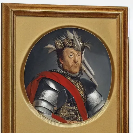 Prompt: donald trump, donald trump, wearing knight ’ s armor, holding a spectacular broadsword, by annibale carracci, two arms, two legs, donald trump, symmetrical face, highly detailed face, perfect face