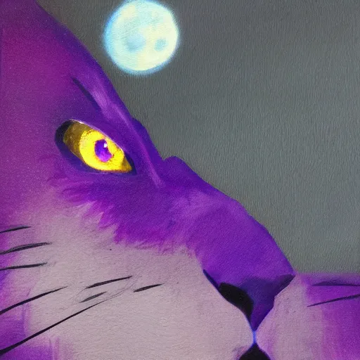 Image similar to closeup of a purple panther roaring at the moon in the forest. night. large moon in the center. cinematic. oil painting. concept art.