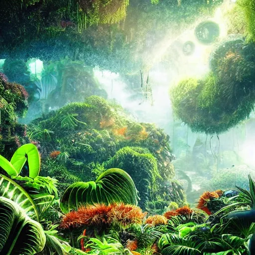 Prompt: hyper realistic photo of an alien jungle with exotic and colorful alien plants, realistic, alien planet, outworldy, scifi