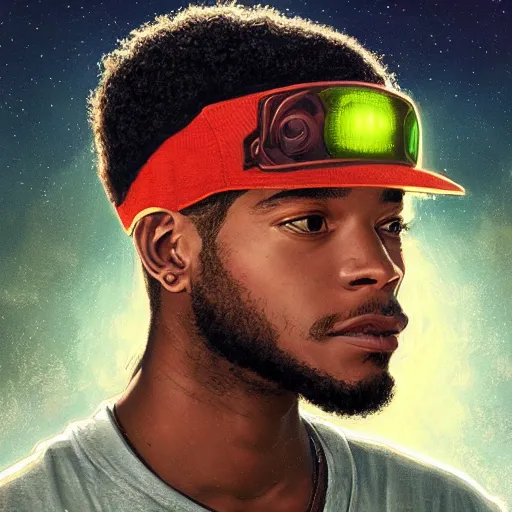 Image similar to scifi character portrait of Kid Cudi wearing a jordy leforge visor, intricate, wild, highly detailed, digital painting, artstation, concept art, smooth, sharp focus, illustration, art by artgerm and greg rutkowski and alphonse mucha