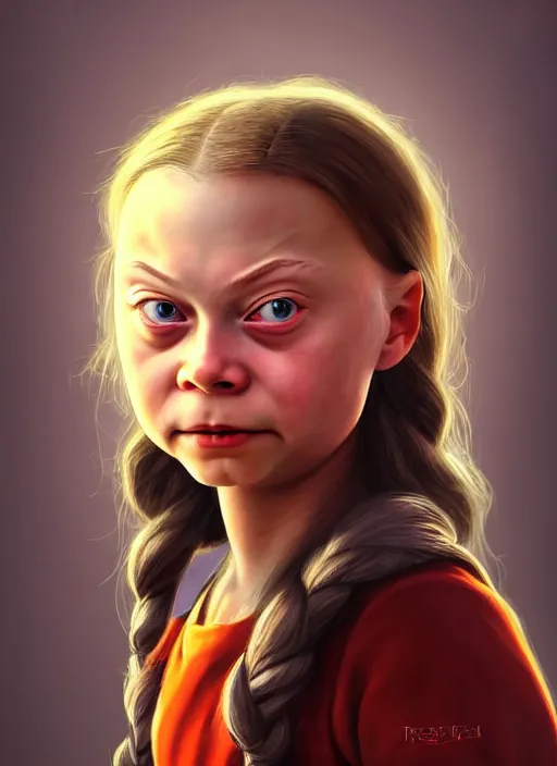 Image similar to portrait of greta thunberg as a cute medieval goblin girl with lipstick and long eyelashes, beautiful face, hyper realistic, highly detailed, digital painting, artstation, illustration, concept art by hyung tae and frank frazetta, digital paint, matte paint, washed colors, dark, gloomy