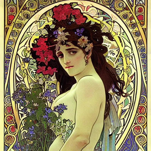 Image similar to persephone as godess of hell and flowers, painted by alphonse mucha