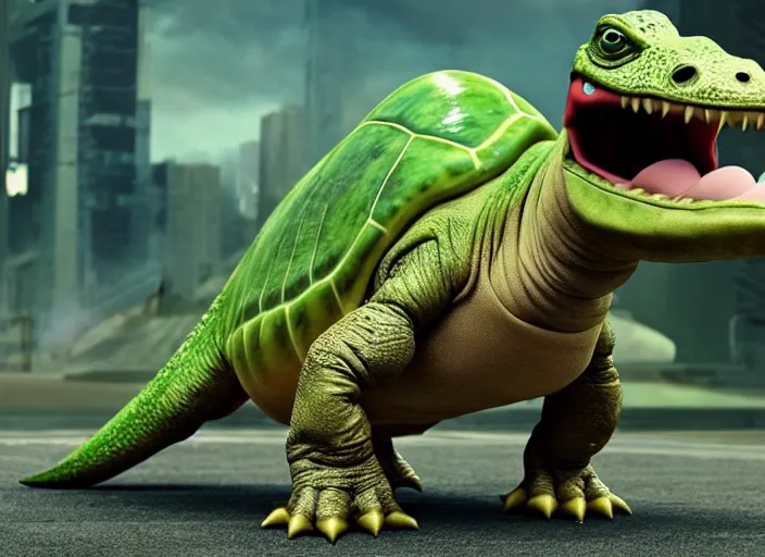 Image similar to film still of yoshi in the new sci - fi movie, cute upright dinosaur with a small turtle shell and long tongue, 8 k