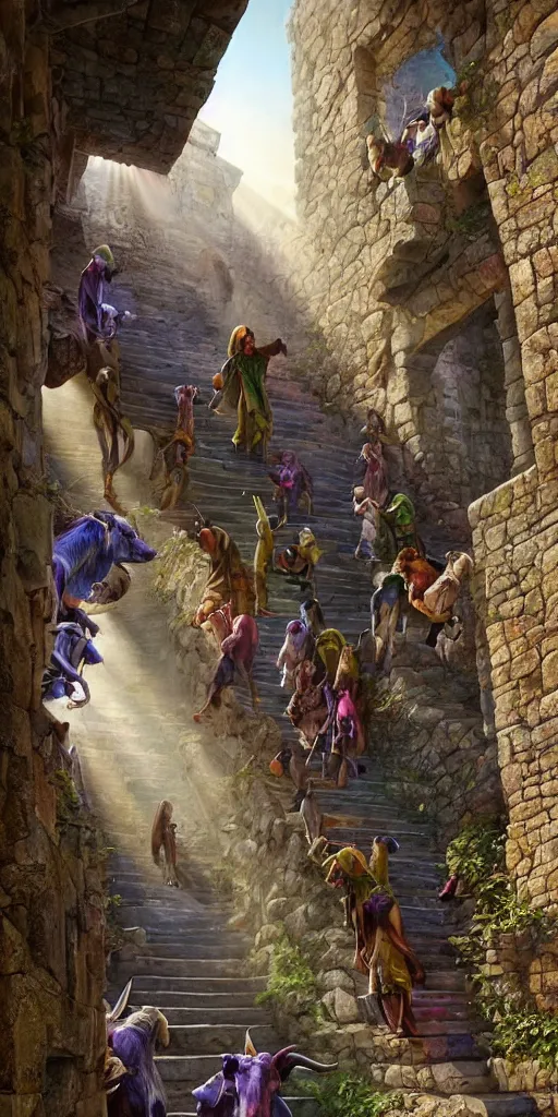 Image similar to a herd of goats!! climbing stairs in a beautiful fantasy castle, medieval city, citadel, magic, tall towers, murals, many goats, sunlight, vivid colors, god rays, digital art, landscape, fantasy art, octane render, unreal engine, high detail, very realistic, by greg rutkowski. by james gurney