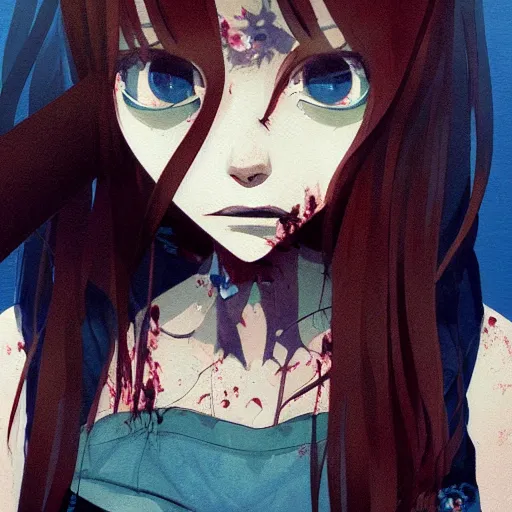 Image similar to urban school zombie girl in tattered clothes fanart, dark blue long hair, muted colors, matte print, pastel colors, ornate, digital art, cute smile, digital painting, fan art, elegant, pixiv, by Ilya Kuvshinov, by Studio Ghibli