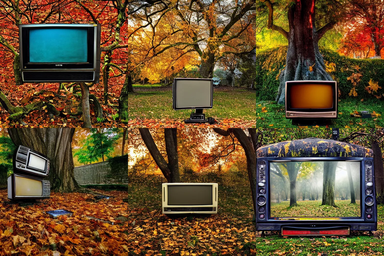 Prompt: evening photo of a tree with old televisions in the leaves