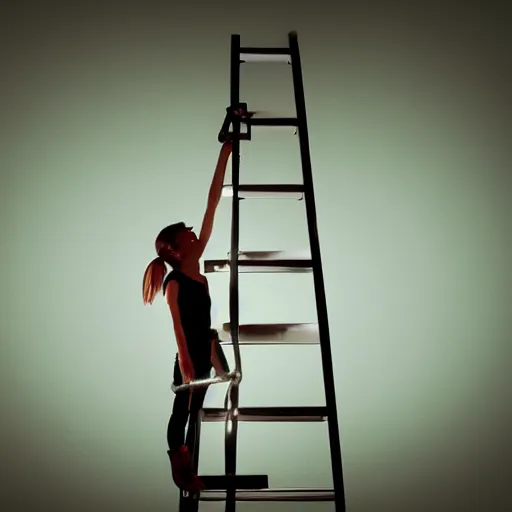 Image similar to a glowing cyborg girl, standing on a ladder, replacing a defective lightbulb. dark room.