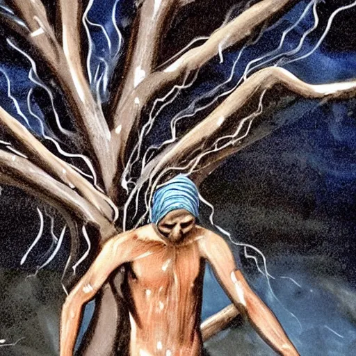 Image similar to The performance art shows a man caught in a storm, buffeted by wind and rain. He clings to a tree for support, but the tree is bent nearly double by the force of the storm. The man's clothing is soaked through and his hair is plastered to his head. His face is contorted with fear and effort. bismuth, deep blue by John Kenn Mortensen fantastic