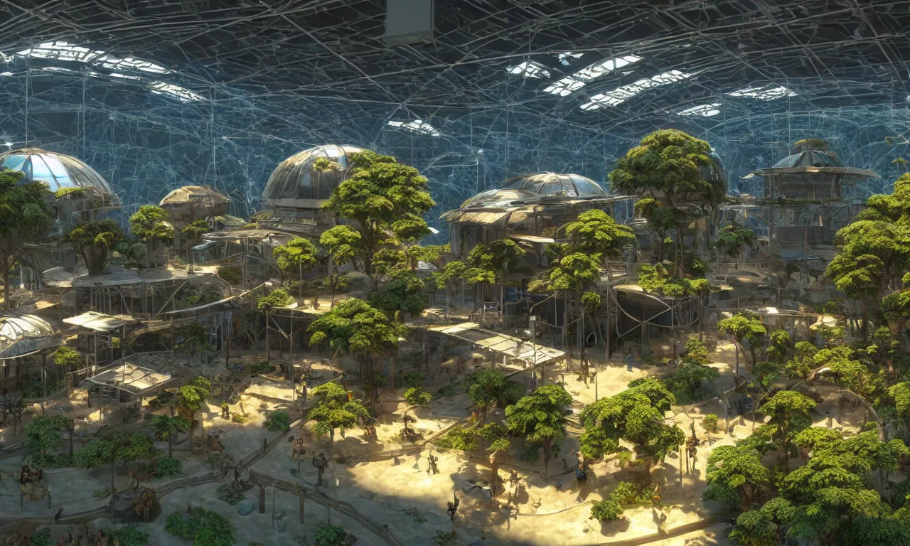Image similar to an exhibition hall with big solarpunk diorama with reflective metal engine, fused into epoxide, high detail, raytracing, back light, raymarching, new movie from digital domain and weta digital, strong ambient occlusion