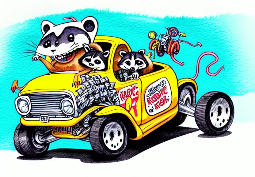 Prompt: cute and funny, racoon riding in a tiny hot rod truck with ( very ) oversized engine, ratfink style by ed roth, centered award winning watercolor pen illustration, isometric illustration by chihiro iwasaki, edited by range murata