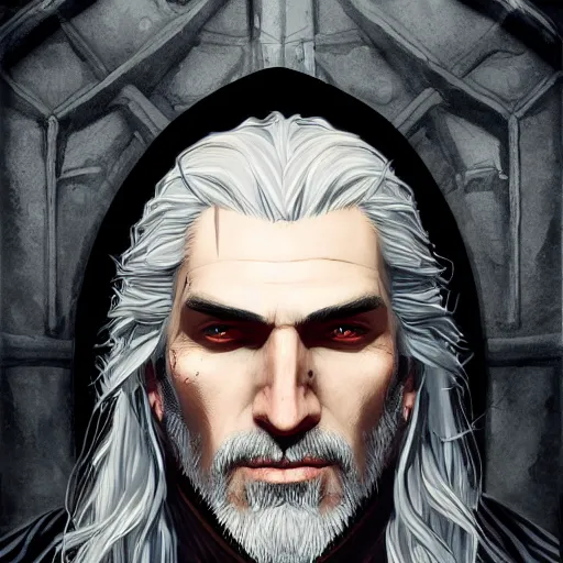 Prompt: portrait of geralt of rivia from the witcher 3, baroque style, elegant, beautiful, mesmerizing, concept art, fancy clothing, highly detailed, artstation, behance, deviantart, inspired by innocent manga, inspired by castlevania concept art, trending, ayami kojima, shinichi sakamoto
