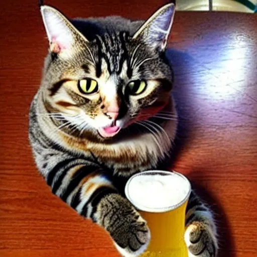 Prompt: Moron cat drinking a beer with his pals