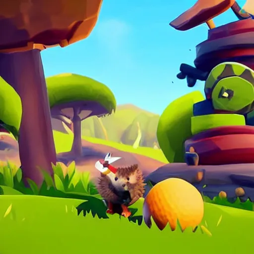 Image similar to hedgehog playing golf in sea of thieves, hedgehog wearing a pirate hat, cute, colourful, happy, adorable