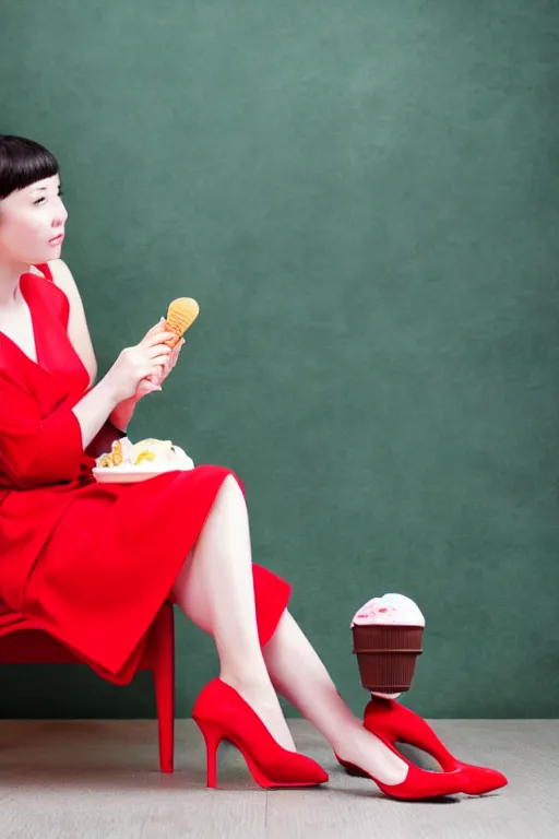 Prompt: photo, young woman eating ice cream, sitting on a chair, red dress, high heels, japanese kimono