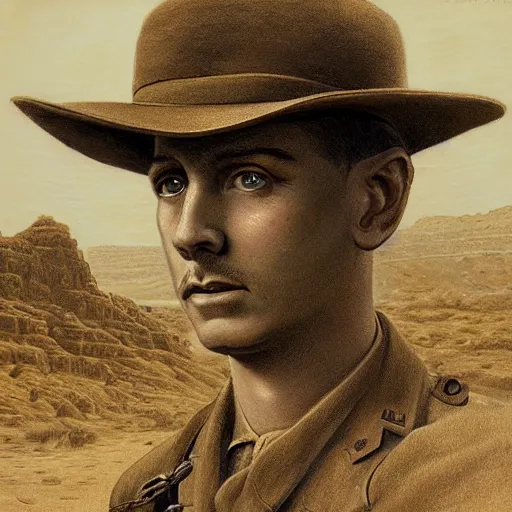 Image similar to a detailed photorealistic sepia - toned color portrait painting of a 1 9 1 7 worried clean - shaven british lieutenant in detailed field gear not wearing a hat in wadi rum, ultra realistic, painted, intricate details, lovecraft, atmospheric, dark, horror, brooding, highly detailed, by clyde caldwell