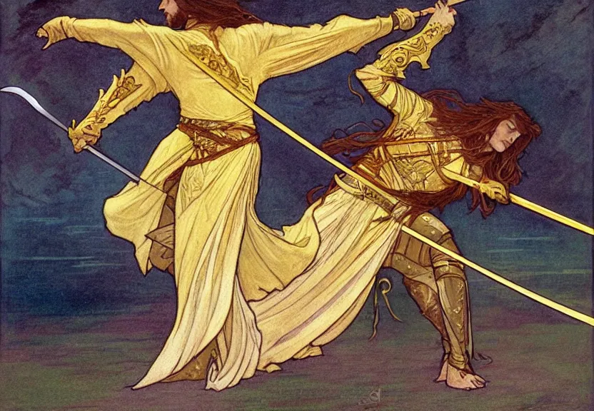 Image similar to a golden swordsman wielding two swords leans back as he dances elegantly in the wind, his robes and long hair flowing in the breeze, his enemies lying on the ground below, fantasy, Mucha, MTG, Game of Thrones, salsa dancing, Rossetti, Millais, anatomically correct