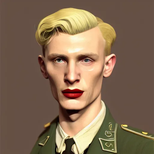 Image similar to A Hearts of Iron IV portrait of a blonde German actor with high cheekbones. Good bone structure. Dressed in 1940s style. Highly detailed, fine Art, high detail, great lighting, 8k resolution, masterpiece, concept art, illustration, clear eyes, painting oil on canvas, octane render, HDR, trending on artstation, 4k, 8k, HD