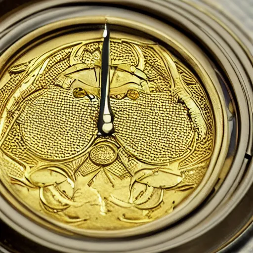 Image similar to a gold coin with a clock face printed on it, complex, high detail, close up