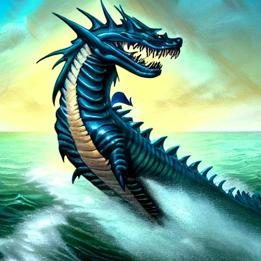 Prompt: in the style of artgerm and Thomas Kinkade, large sea dragon coming out of the water to attack a small boat, rough seas, night, lighting, cinematic lighting, realistic