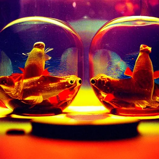 Image similar to two goldfishes swimming in the same fishbowl in a wong kar wai movie, photorealistic, 3 5 mm