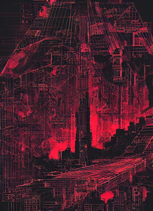 Image similar to dark design poster showing a majestic roman city, black background with very subtle red and purple design elements, powerful, nekro, vito acconci, thin straight lines, dark, glitch art, neo vaporwave, gritty, layout frame, square, trending on artstation