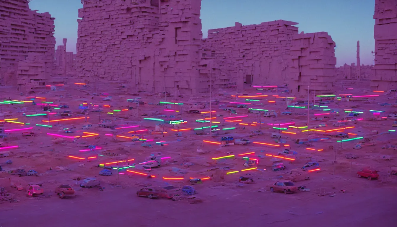 Prompt: 90s neon movie still. futuristic timbuktu. hyperrealistic, high definition, medium format photography, highly detailed, technicolor, anamorphic 50mm lens