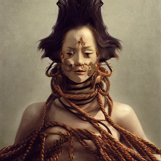 Image similar to portrait of a Shibari rope wrapped face and neck, headshot, insanely nice professional hair style, dramatic hair color, digital painting, of a old 18th century, Royal Emperor, amber jewels, baroque, ornate clothing, scifi, realistic, hyperdetailed, chiaroscuro, concept art, art by Franz Hals and Jon Foster and Ayami Kojima and Amano and Karol Bak,