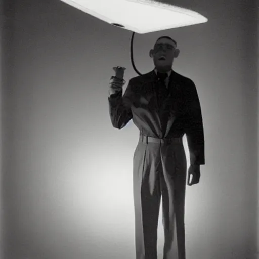 Prompt: man with a projector for a head, 1960 photograph