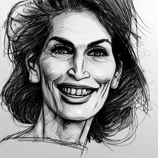 Image similar to a realistic yet scraggly portrait sketch of the side profile of a happy cindy crawford, trending on artstation, intricate details, in the style of frank auerbach, in the style of sergio aragones, in the style of martin ansin, in the style of david aja, in the style of mattias adolfsson