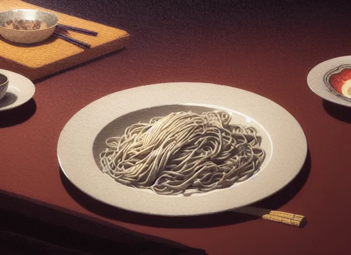 Image similar to a film still portrait of a plate with soba and udan, finely detailed features, closeup at the food, perfect art, at a dinner table, gapmoe yandere grimdark, trending on pixiv fanbox, painted by greg rutkowski makoto shinkai takashi takeuchi studio ghibli, akihiko yoshida